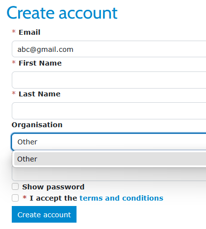 Screenshot of DMPonline page for creating an account based on a non-VU email address